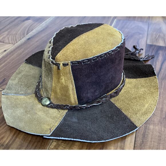Vintage Suede Leather Patchwork Hat Hippie Western Boho 1970s Cowgirl Floppy main image 5